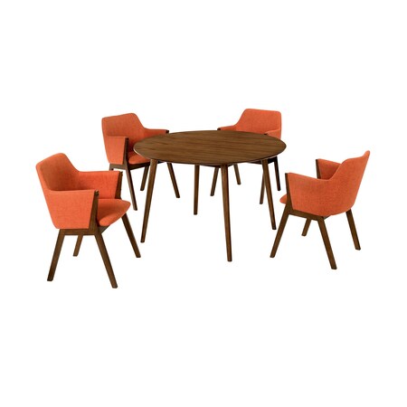 Armen Living Arcadia and Renzo 48" Round Orange and Walnut Wood 5 Piece Dining Set SETARDI5REWAOR48